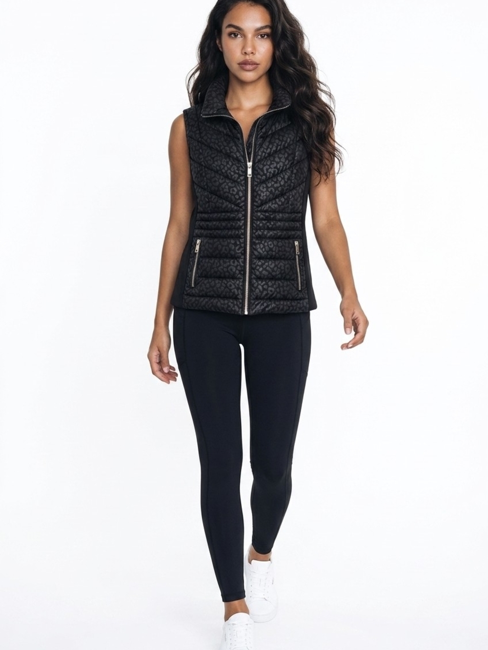 Michael Kors Women's 2X Black Leopard Print Quilted Puffer Vest Full Zip